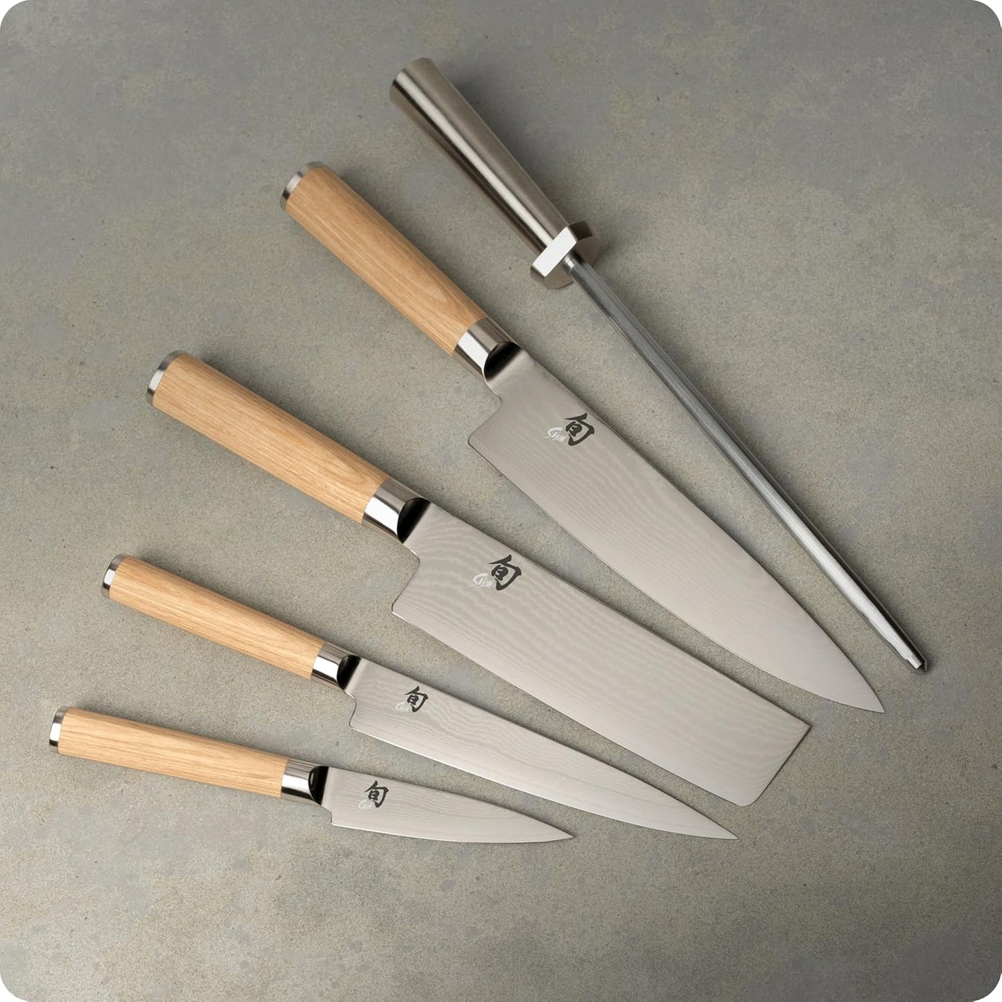 Shun Classic Blonde 6 Piece Block Set, Includes 8" Chef, 3.5" Paring, 6.5" Nakiri, 6" Utility Knives, Honing Steel & Angled Knife Block, Handcrafted Japanese Knife Set, Pakkawood Handles