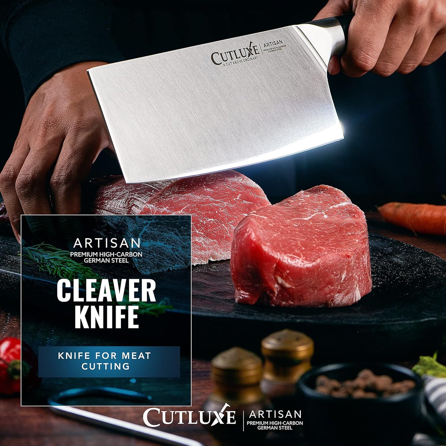 Cutluxe Meat Cleaver Knife - 7" Heavy Cleaver Butcher Knife, Razor Sharp German Steel Blade, Full Tang, Ergonomic Handle Design – Artisan Series