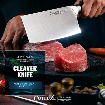 Cutluxe Meat Cleaver Knife - 7" Heavy Cleaver Butcher Knife, Razor Sharp German Steel Blade, Full Tang, Ergonomic Handle Design – Artisan Series