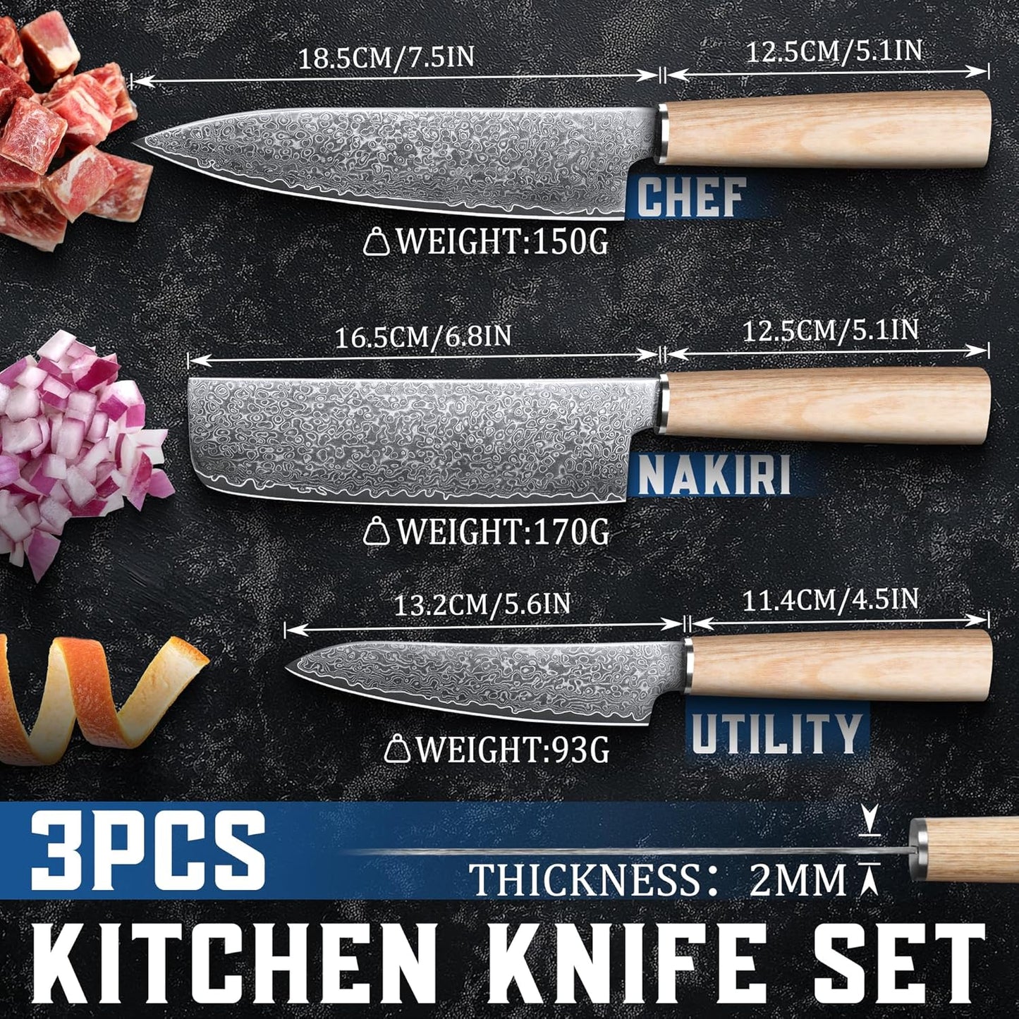 ROCOCO Damascus Chef Knife Set - Japanese Nakiri Utility Paring Knives Sharp Gyuto Meat Cleaver for Home Kitchen Gift Idea