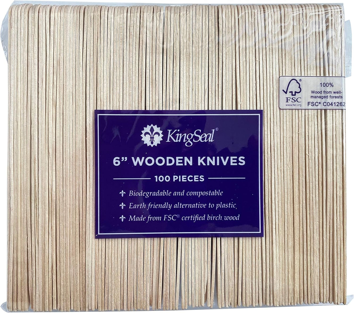 KingSeal FSC Certified Disposable Wood Cutlery Knife, Biodegradable and Earth Friendly, 6.5 Inch Length - 100 Count