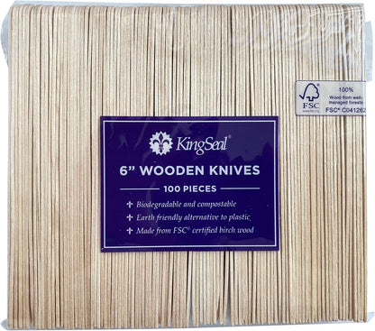KingSeal FSC Certified Disposable Wood Cutlery Knife, Biodegradable and Earth Friendly, 6.5 Inch Length - 100 Count
