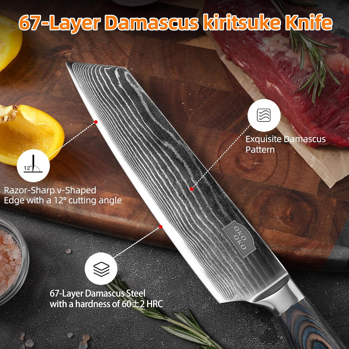 Damascus Kiritsuke Knife, 8-Inch Kiritsuke Chef Knife with 9Cr18MoV Steel Core, Japanese Kitchen Knife with Wood Handle - Razor Sharp Chef's Knife for Home Kitchen with Gift Box