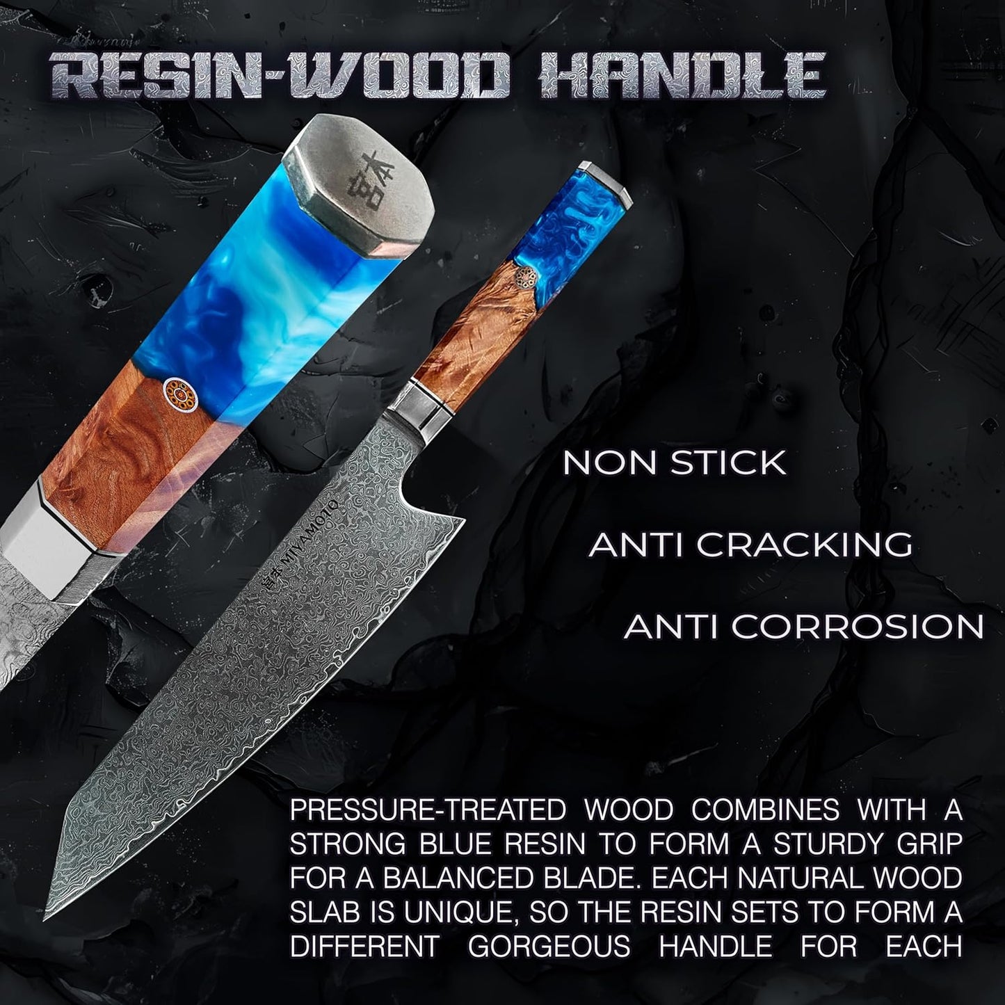 Miyamoto 8-Inch Japanese Damascus Chef Knife, 67-Layer Steel, Ultra-Sharp High Carbon Blade with Resin Handle for Precision Chopping and Carving