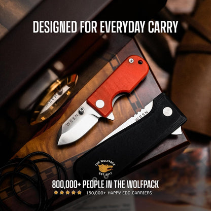 WESN Microblade Premium Folding Pocket Knife - 1.5" D2 Steel Blade, Compact Titanium EDC Knife with G10 Handle, Manual Thumb Stud, Deep Carry Clip - Lightweight Everyday Carry (Salmon)