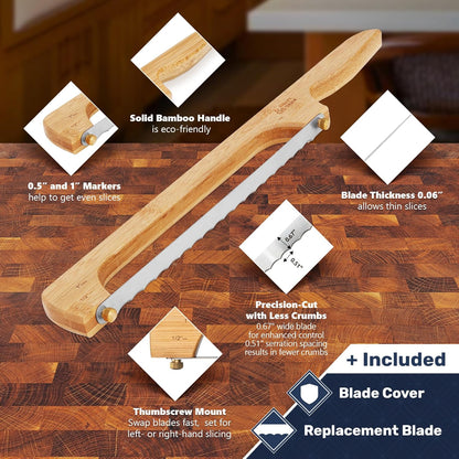 Albert&Grace Adjustable Bread Bow Knife - Sourdough Bread Slicer with Serrated Stainless Blade, Extra Replacement Blade & Sheath, Easy Thumb-Screw Swap, Right- or Left-Handed Use, Gift for Bakers