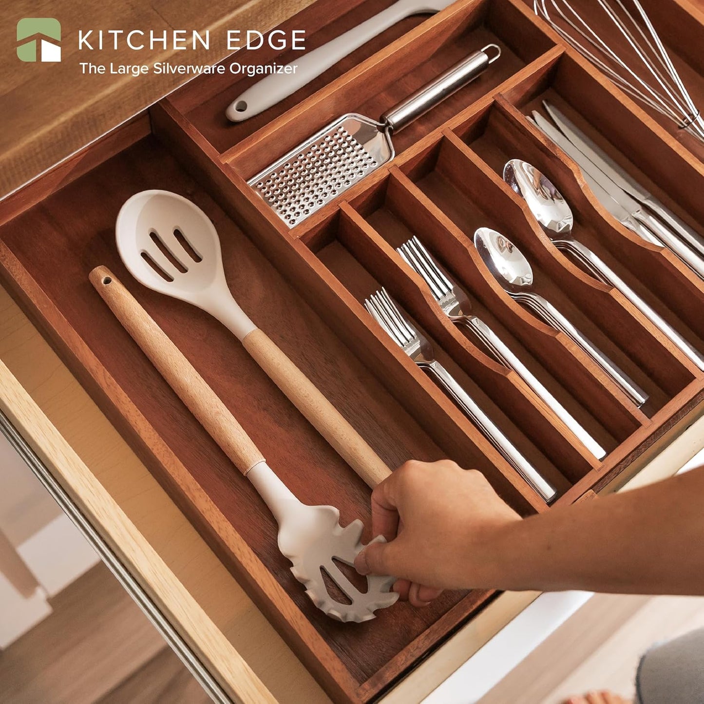 KitchenEdge Premium Silverware, Flatware and Utensil Organizer for Kitchen Drawers, Food-Safe Contract Grade, Expandable from 18 to 33 In, Natural Bamboo