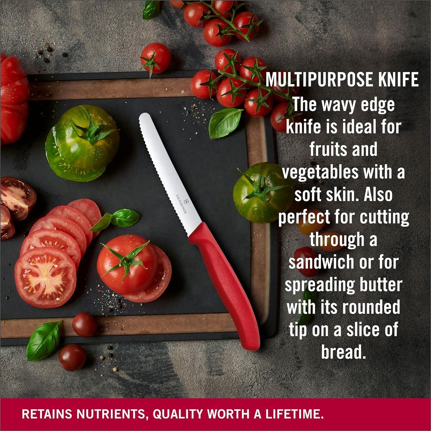 Victorinox 6.7831 Swiss Classic Tomato and Table Knife Ideal for Cutting Fruits and Vegetables with Soft Skin Serrated Blade in Red, 4.3 inches