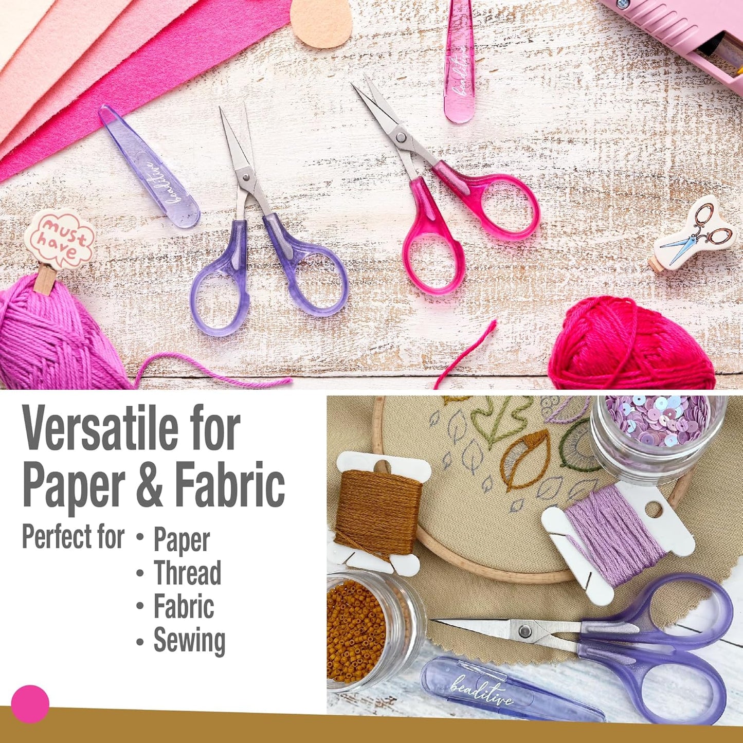 Beaditive High Precision Detail Scissors Set (2-Pc) Sharp, Fine Tips | Paper Cutting, Scrapbooking, Sewing, Crafting | Stainless Steel | Protective Cover (Pastel)
