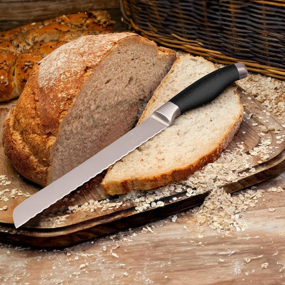 Zulay Kitchen Serrated Bread Knife - 8 Inch Stainless Steel Bread Cutter for Homemade Bread, Cake, Bagels, Pastries - Sharp & Durable Slicing Knife with Tip Safety Guard - Non-Slip 5" Handle - Blue