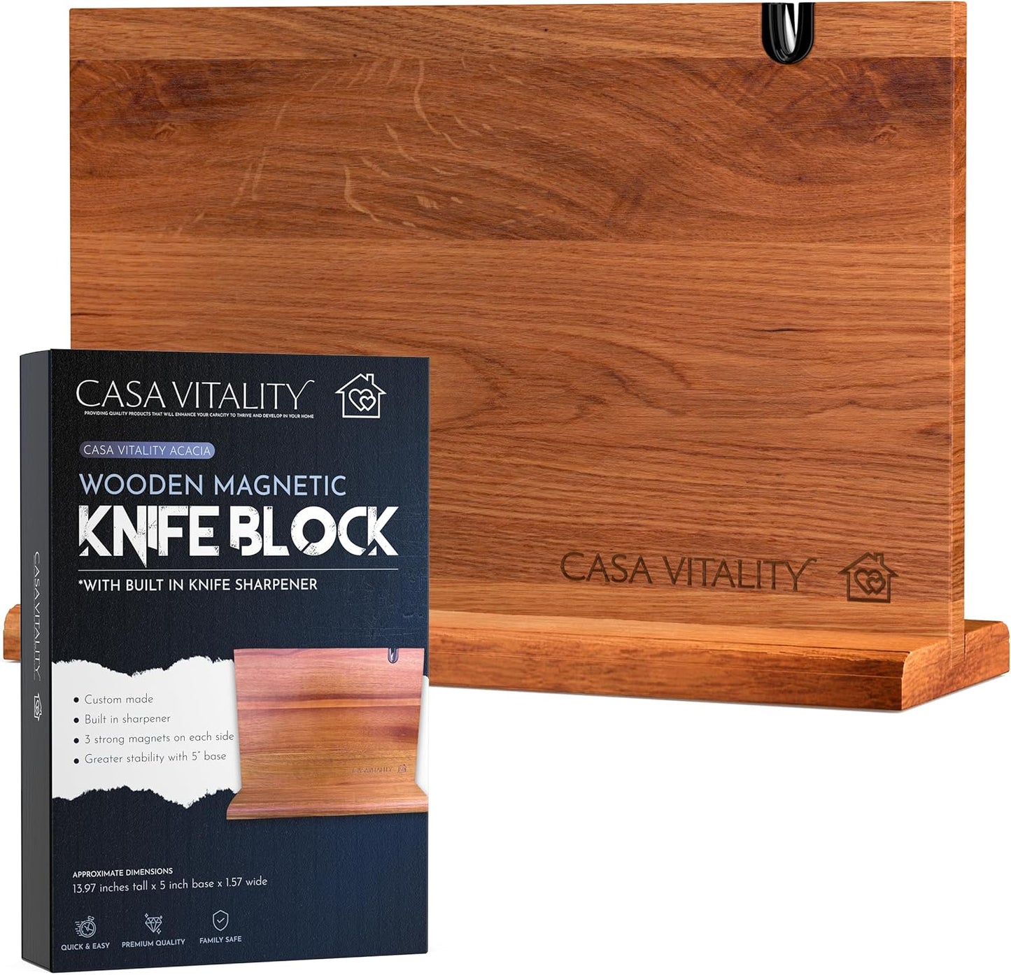 Acacia Wood Magnetic Knife Holder 14x10" – Double-Sided Knife Holder with Strong Magnet & Built-In Sharpener – Space-Saving Magnetic Knife Block Gift for Home Kitchens & Cooking Lovers