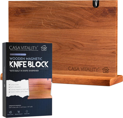 Acacia Wood Magnetic Knife Holder 14x10" – Double-Sided Knife Holder with Strong Magnet & Built-In Sharpener – Space-Saving Magnetic Knife Block Gift for Home Kitchens & Cooking Lovers