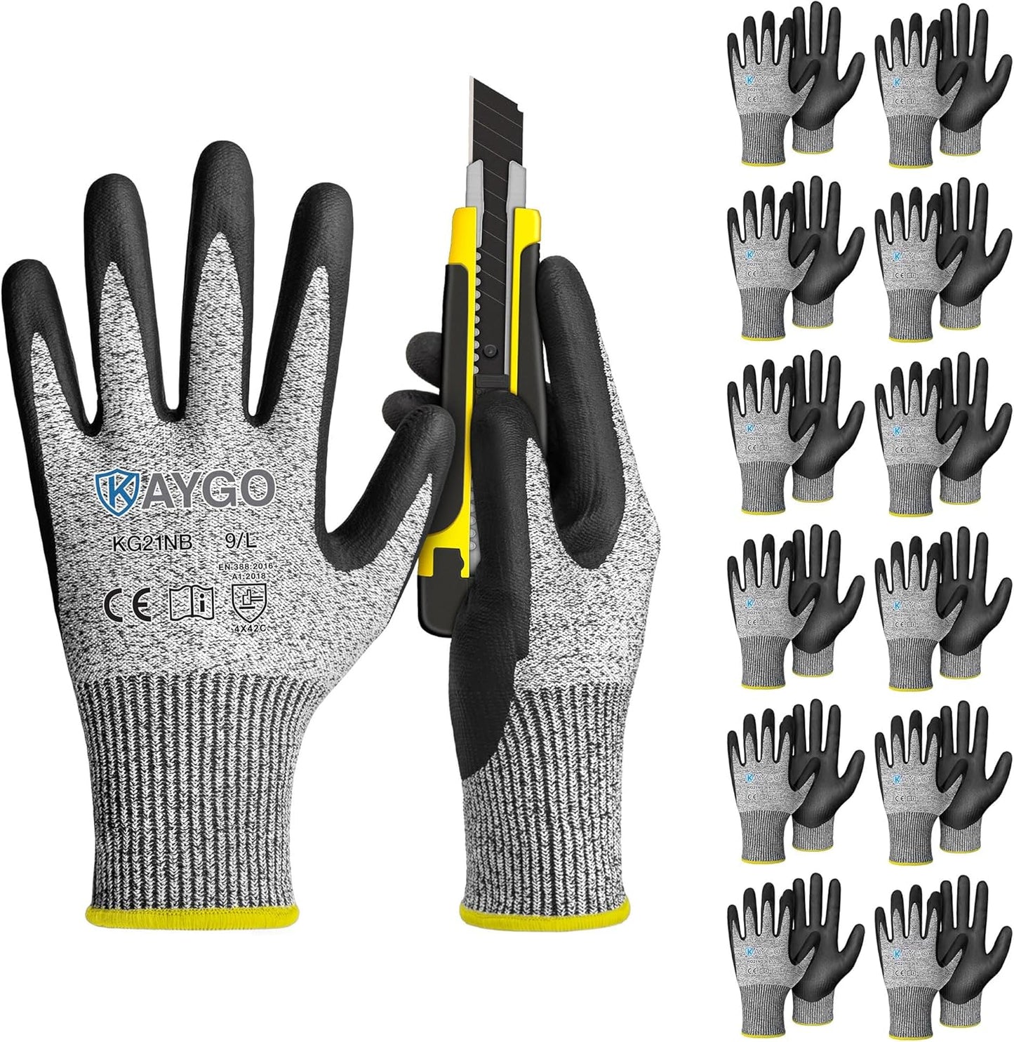 KAYGO 12 Pairs Cut Resistant Work Gloves for Men and Women,ANSI A3 Cutting Gloves,Nitrile Micro-Foam Safety Work Gloves KG21NB,Ideal for Wood Carving,Glass Handling, Construction,Fishing,Grey,S