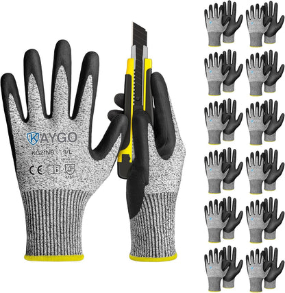 KAYGO 12 Pairs Cut Resistant Work Gloves for Men and Women,ANSI A3 Cutting Gloves,Nitrile Micro-Foam Safety Work Gloves KG21NB,Ideal for Wood Carving,Glass Handling, Construction,Fishing,Grey,S