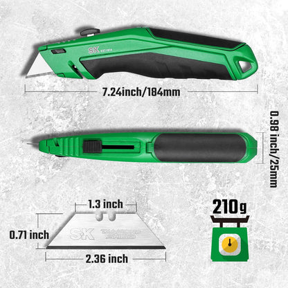 SK Retractable Utility Knife with Additional Wire Cutter, Quick Change Box Cutter, Heavy Duty Zinc Alloy, Blade Storage in Handle, Extra 4 SK2M Blades Included