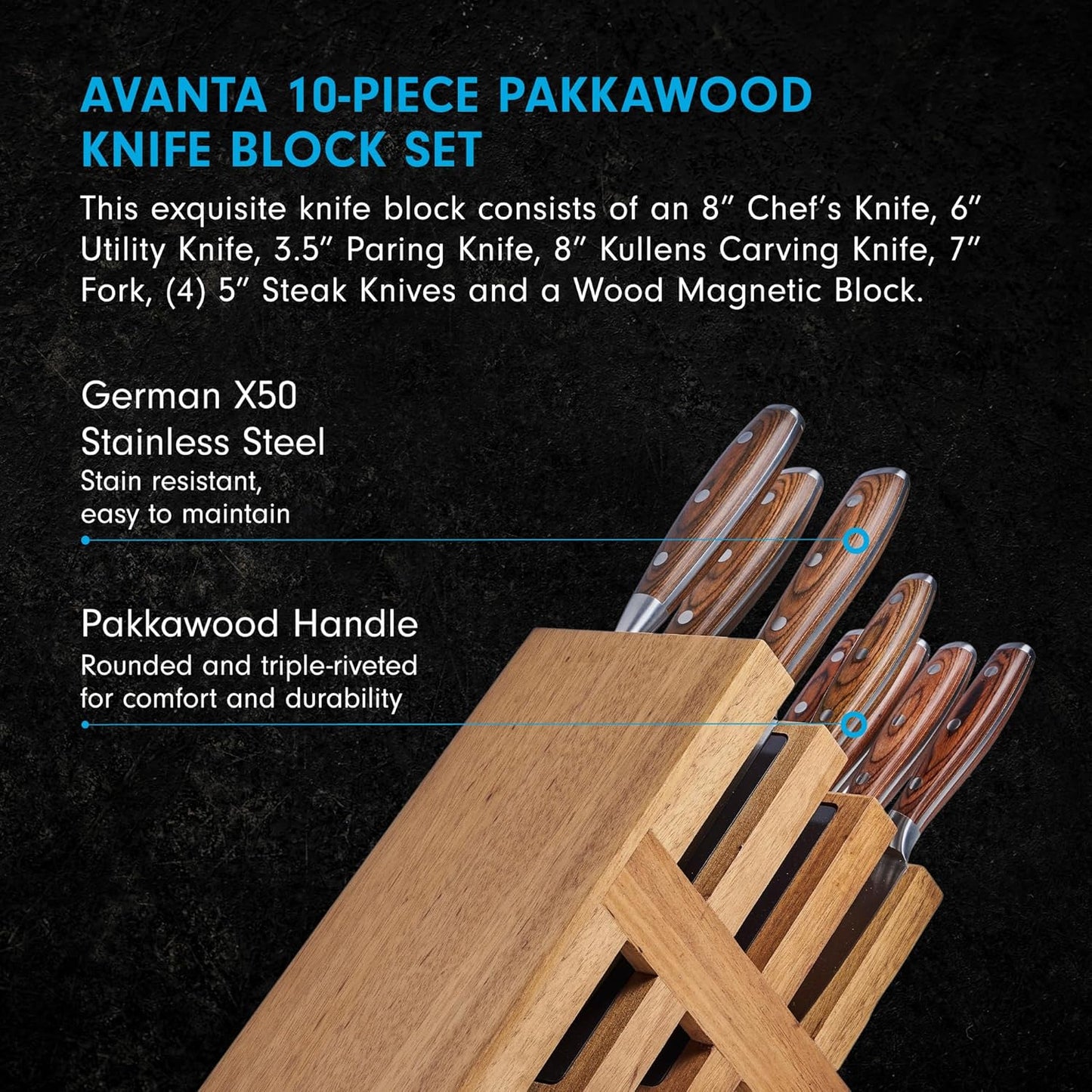 Messermeister Avanta Damascus 10-Piece Ebony Pakkawood Knife Block Set - Japanese Damascus Stainless Steel - 4 Speciality Knives, Heavy-Weight Fork, 4 Steak Knives & Magnetic Knife Block