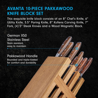 Messermeister Avanta Damascus 10-Piece Ebony Pakkawood Knife Block Set - Japanese Damascus Stainless Steel - 4 Speciality Knives, Heavy-Weight Fork, 4 Steak Knives & Magnetic Knife Block