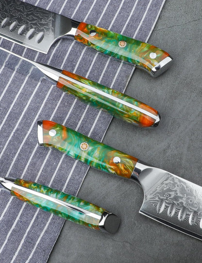 Steak Knives Set of 4, Ultra Sharp Non Serrated Kitchen Steak Knife 5 Inch - Damascus Steel & Resin Handle - Xuan Series (Sapphire Blue)