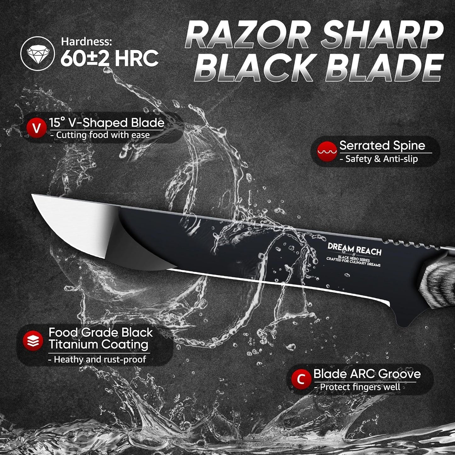 Dream Reach Kiritsuke Chef Knife - High Carbon Steel Sharp Kitchen Knife with Full Tang Handle, Hand Forged Black Cooking Knives for Birthday Mother Father Gift