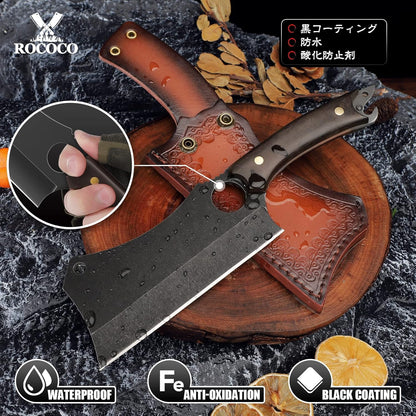 ROCOCO Hand Forged Meat Cleaver Sharp Butcher Knife for Meat Cutting Vegetable Cleaver with Sheath for Home Kitchen Outdoor Camping BBQ Father Mother Gift Idea Men