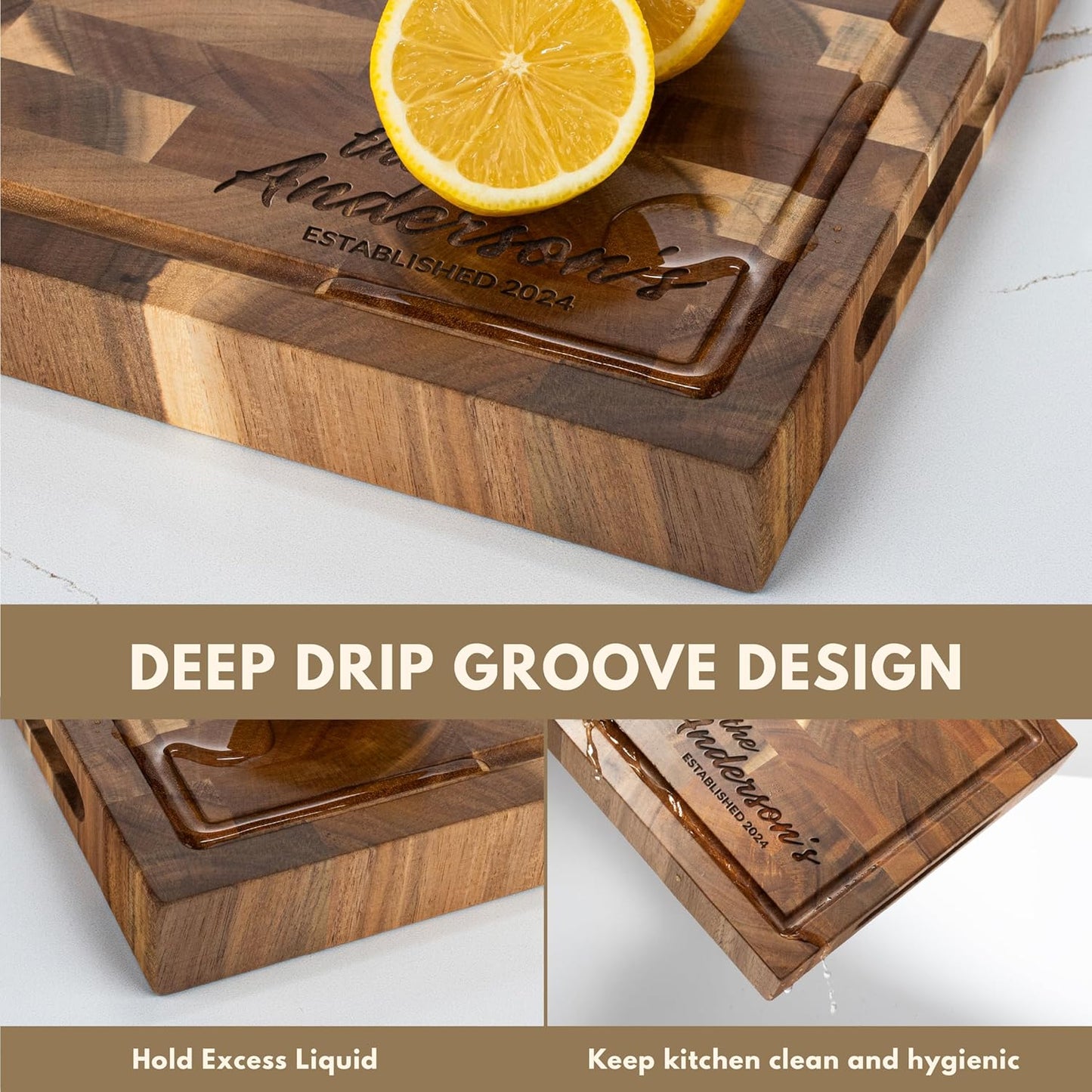Personalized End Grain Acacia Wood Cutting Board - Custom Engraved Butcher Block with Name & Date - Deep Juice Groove, 2 Size Options - Housewarming, Wedding, Chef Gift