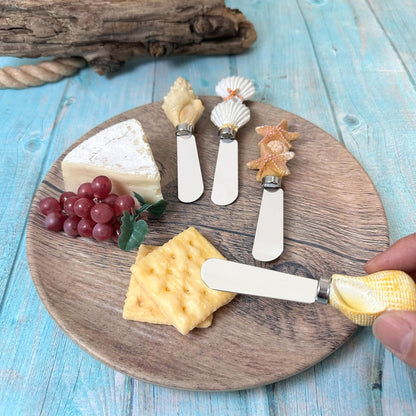 Supreme Housewares Seashell Cheese Spreaders, Hand-Painted Resin Handles with Stainless Steel Blades for Spreading Cream Cheese, Butter, and Jam, Assorted Designs, Set of 4