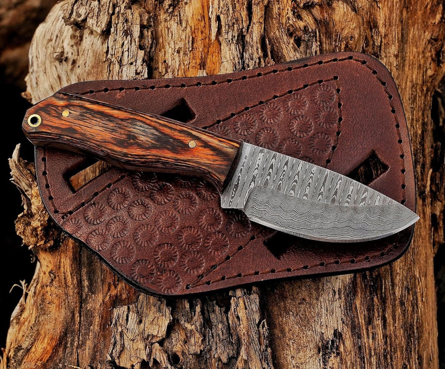 Damascus Steel Bushcraft Knife with Leather Sheath – 6" Fixed Blade Hunting Knife with Sheath for Men – Tactical Survival & Camping Knife for Outdoor Adventure