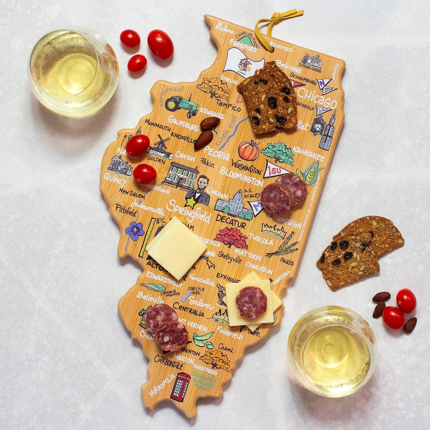 Totally Bamboo Tennessee State Shaped Cutting Board and Charcuterie Serving Platter with Artwork by Fish Kiss, Includes Hang Tie for Wall Display - Colors A