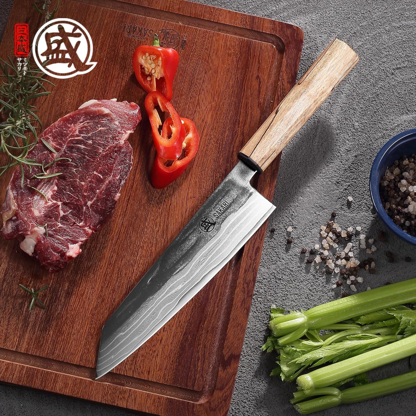 MITSUMOTO SAKARI 8 inch Kiritsuke Chef Knife, 129 Layers Damascus CPM S35VN Powder Steel, Hand Forged Japanese Kitchen Knife for Slicing, Trimming & Precise Cutting with Maple Wood Handle