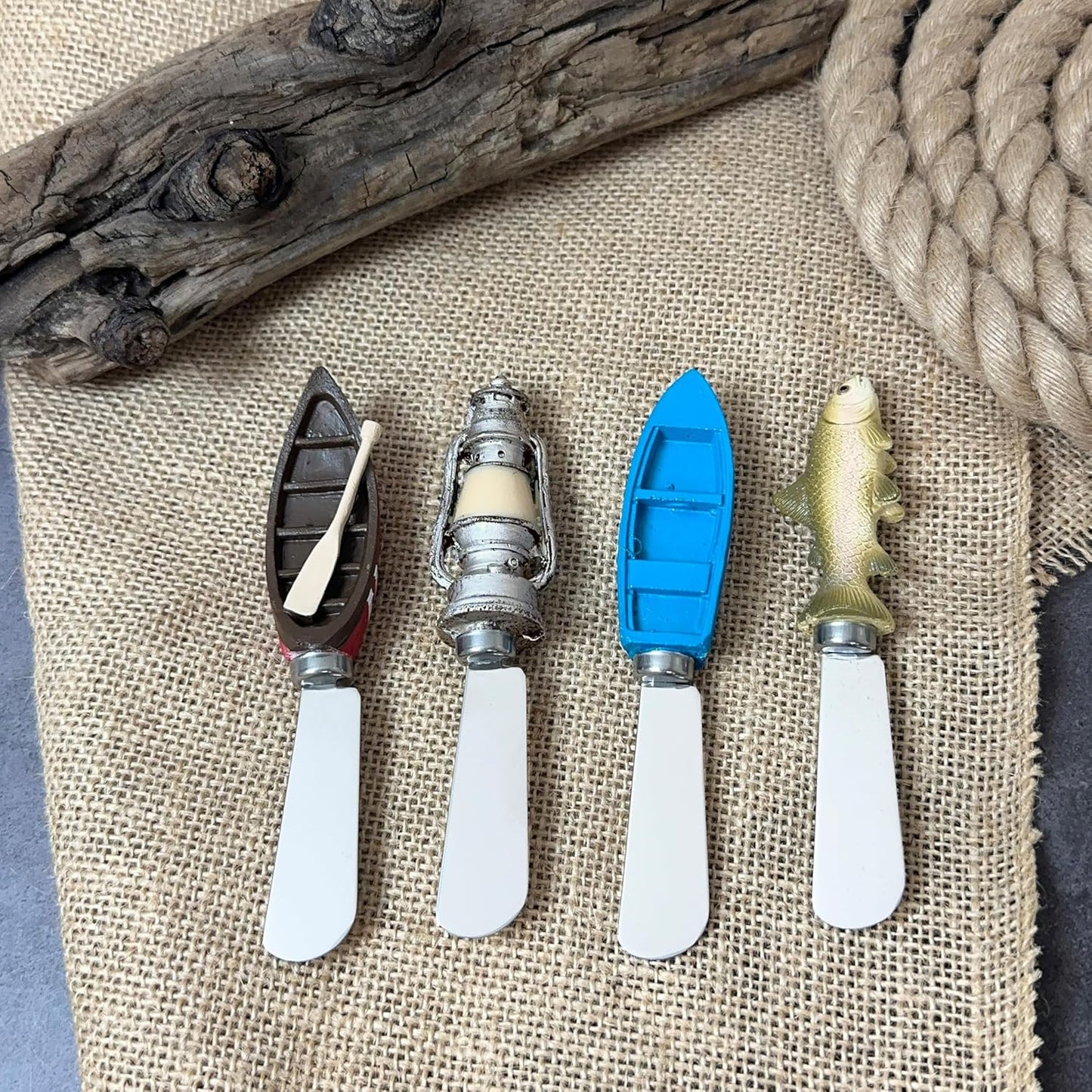 Supreme Housewares Tiki Bar Cheese Spreaders, Hand-Painted Resin Handles with Stainless Steel Blades for Spreading Cream Cheese, Butter, and Jam, Assorted Designs, Set of 4