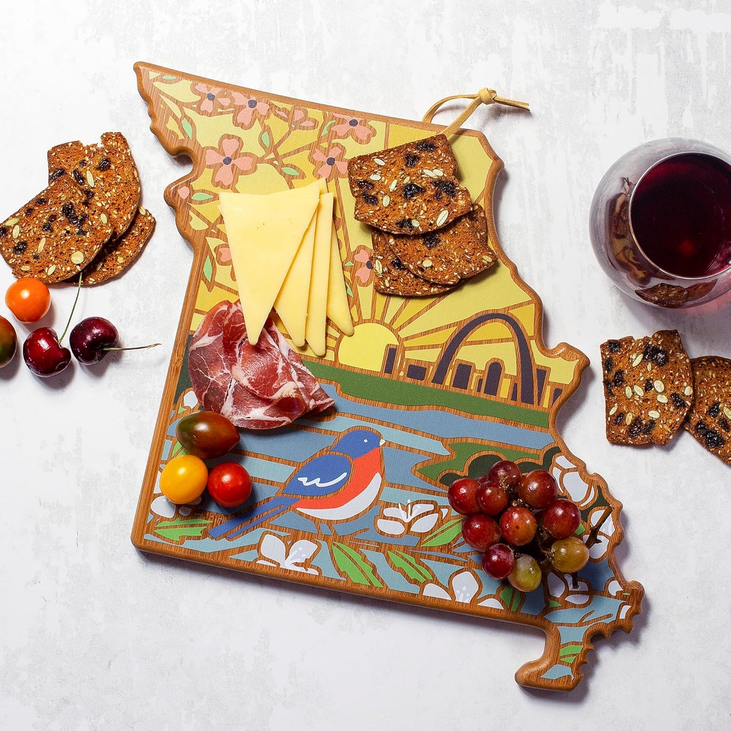 Totally Bamboo North Carolina State Shaped Cutting Board and Charcuterie Serving Platter with Artwork by Summer Stokes, Includes Hang Tie for Wall Display 18" x 8" x 5/8" - Colors B
