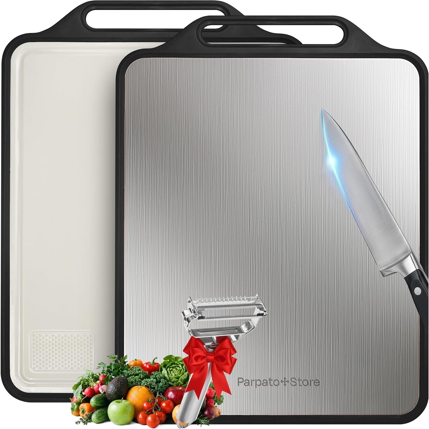 Stainless Steel Cutting Board - Non Toxic Cutting Board & Metal Cutting Board, Double-Sided Meat Cutting Board, Food-Grade PP, Juice Groove, 4-in-1 Vegetable Peeler Included, Black
