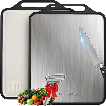 Stainless Steel Cutting Board - Non Toxic Cutting Board & Metal Cutting Board, Double-Sided Meat Cutting Board, Food-Grade PP, Juice Groove, 4-in-1 Vegetable Peeler Included, Black