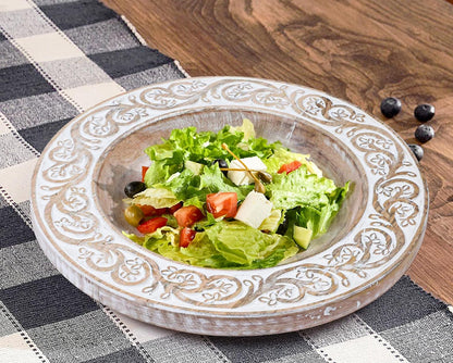 Mango Carving Wood Round Platters for Ottoman or Side Table, Charcuterie Board or Cheese Platter for Living Room (13" x 13" x 2" - White Wash)