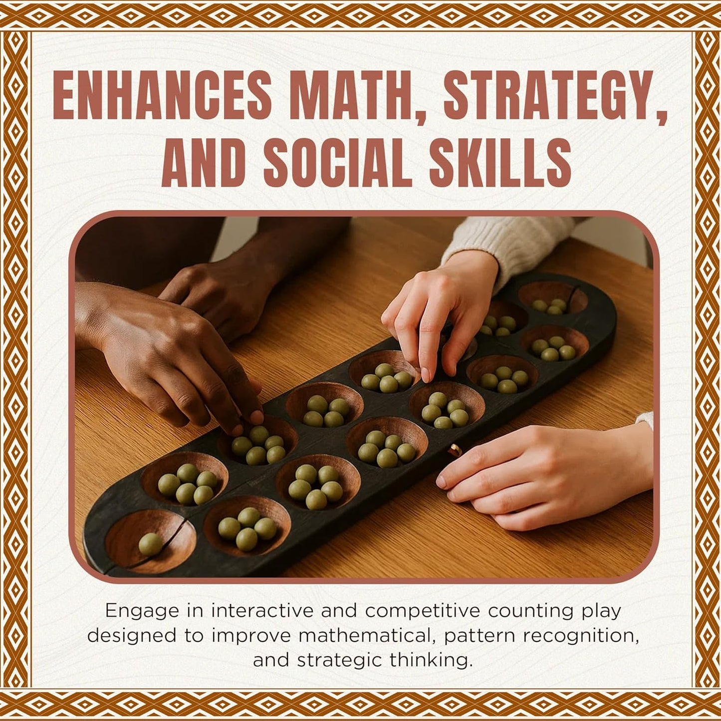 Africa Heartwood Project African Oware Mancala Board - Extended Size, Hand-Carved Solid Wood with Elephant Design, Wooden Folding Mancala 21" Board, 48 Grey, Green Tear Seeds and Playing Instructions