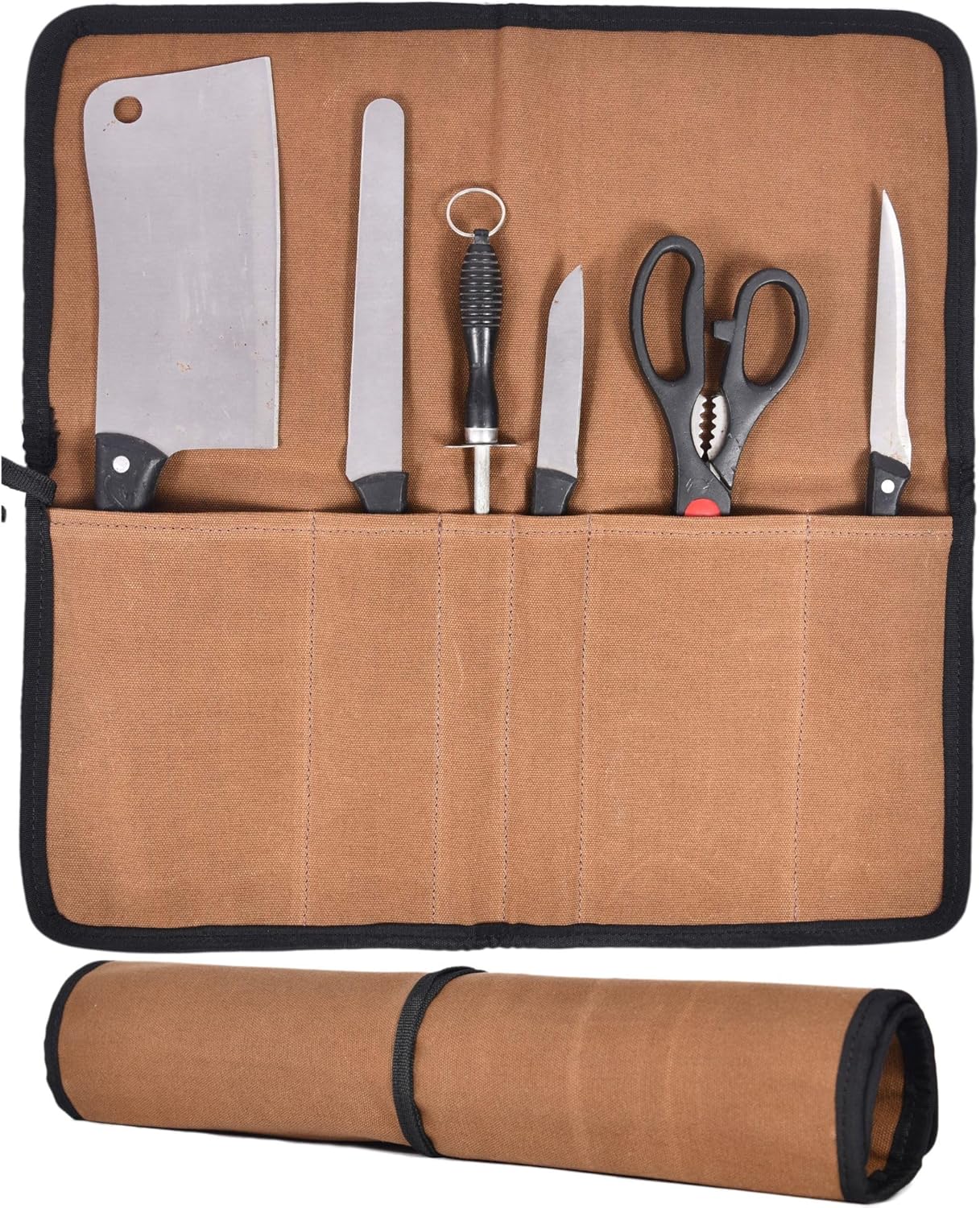 Aaron Leather Goods Professional Knife Roll Bag, 6-Slot Chef Knife Case, Brown Genuine Leather (Seaweed)