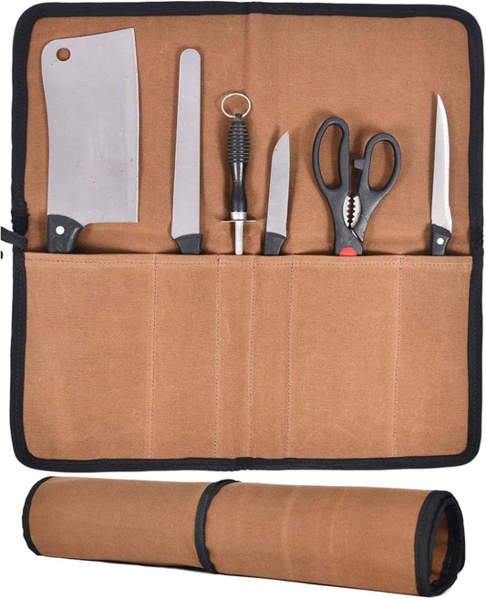 Aaron Leather Goods Professional Knife Roll Bag, 6-Slot Chef Knife Case, Brown Genuine Leather (Seaweed)