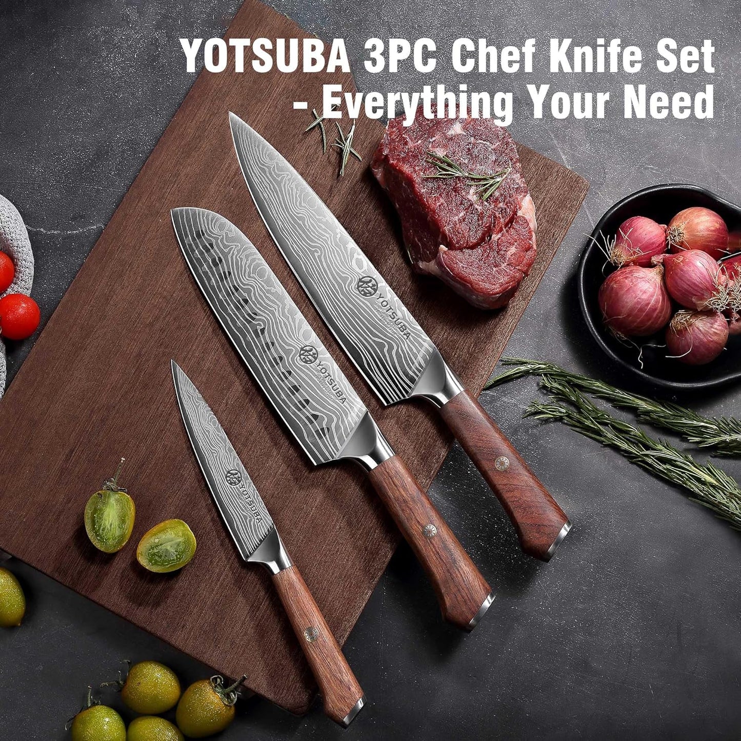 YOTSUBA Carving Knife and Fork Set, Meat Cutting Knife, Razor-Sharp German Stainless Steel Knives Fork Set with Ergonomic Wood Handle, Slicing Knives for Meats, BBQ & Vegetables