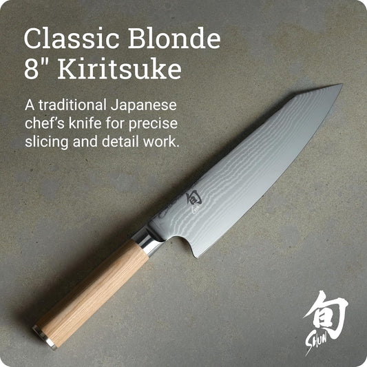 Shun Classic Blonde 8" Kiritsuke Knife, Handcrafted Japanese Kitchen Knife for Professional and Home Chefs, VG-MAX Core with Damascus Stainless Steel Cladding, Pakkawood Handle