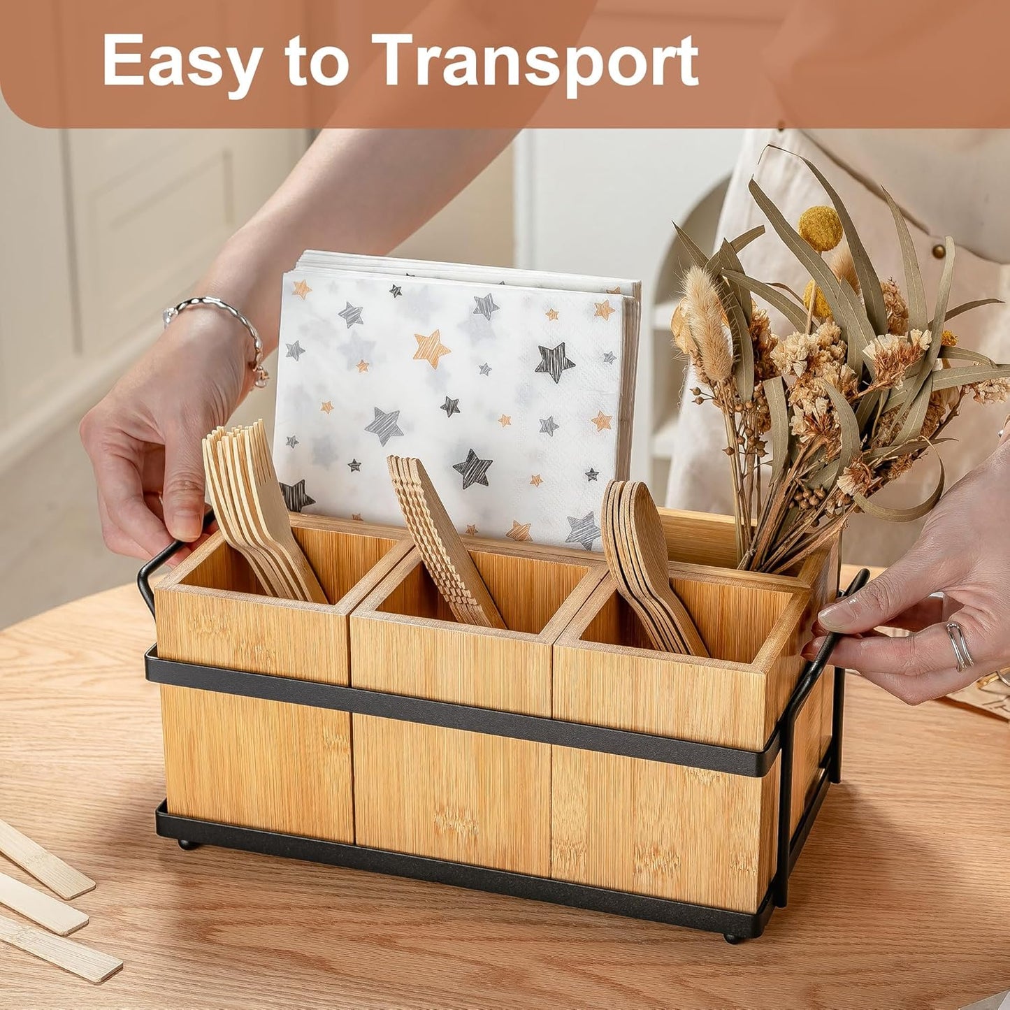 PTSTING Silverware Caddy Black Wood Silverware Holder Paper Plate Dispenser Utensil Caddy Cutlery Flatware Organizer Box for Spoons Forks Plates Napkins