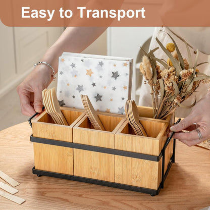 PTSTING Silverware Caddy Black Wood Silverware Holder Paper Plate Dispenser Utensil Caddy Cutlery Flatware Organizer Box for Spoons Forks Plates Napkins