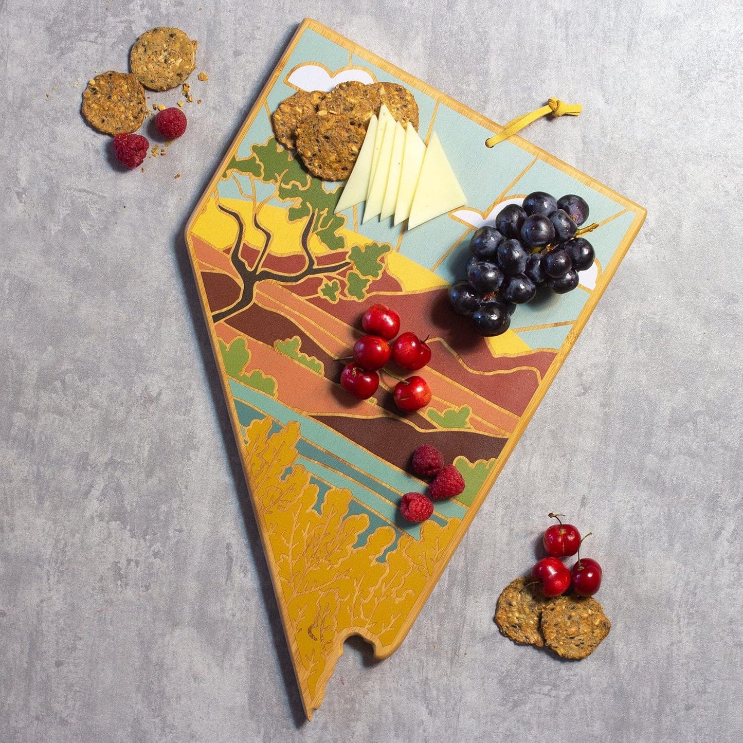 Totally Bamboo North Carolina State Shaped Cutting Board and Charcuterie Serving Platter with Artwork by Summer Stokes, Includes Hang Tie for Wall Display 18" x 8" x 5/8" - Colors A