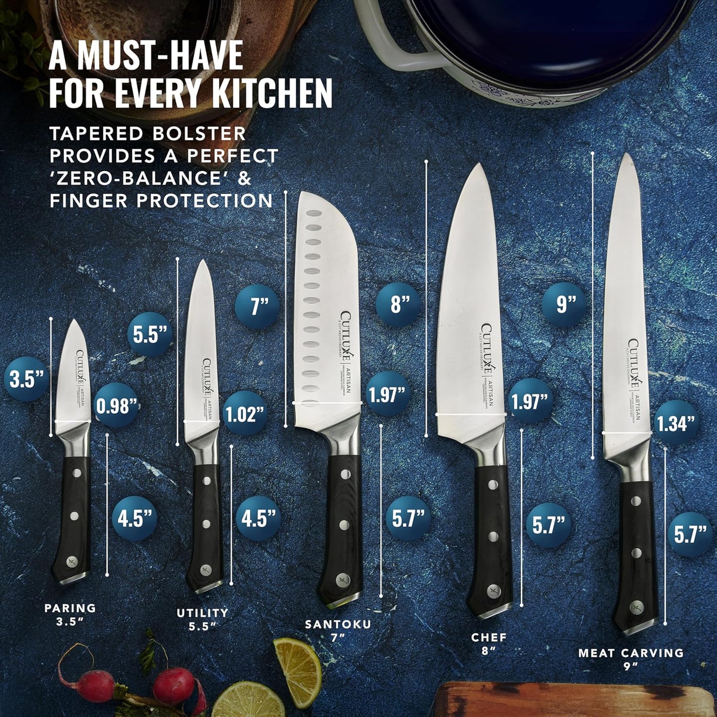 Cutluxe Chef Knife Set, 7 PCS Professional Chef's Knife Set – Razor Sharp German Steel, Full Tang, Ergonomic Handles – Artisan Series