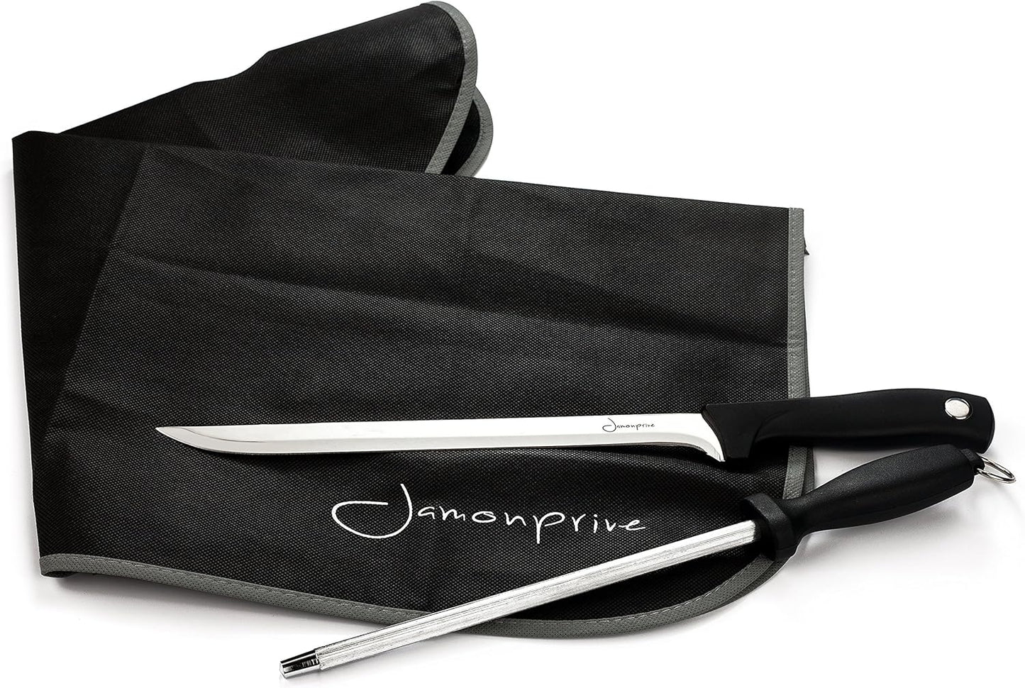 Ham Carving Knife with Honing Steel and Ham Cover - Professional Set for Slicing Serrano, Ibérico Ham & Italian Prosciutto