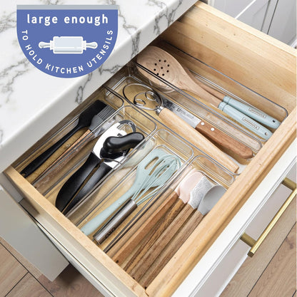 primebox Six Pcs. Plastic Clear Drawer Organizers. Stackable Storage Trays for Kitchen Utensils and Silverware. 2 Sizes. Stackable