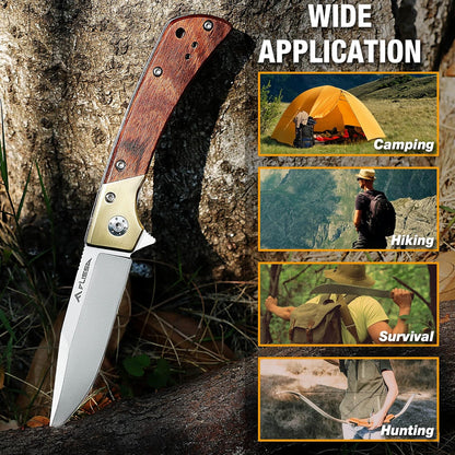 FLISSA Pocket Knife, Folding Knife with D2 Steel Blade, Ball Bearing, Elegant Copper & Wood Handle, Liner Lock, Pocket Clip, Cleaning Cloth, Perfect for EDC, Daily Use, Outdoor