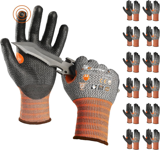 Schwer 12 Pairs Cut Resistant Work Gloves, Non-PFAS, CR3066 ANSI A4 Cut Proof Gloves PU Coated, Touch-Screen, Non Slip, Reinforced Thumb, Wire & Fiberglass Free, Working Gloves for Woodworking, L
