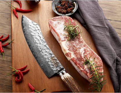 SUNLONG Usuba & Nakiri Knife 6.5 inch Fruit and Vegetable Knife Japanese Hammered Damascus Steel Super sharp - Natural Deer Horn Handle