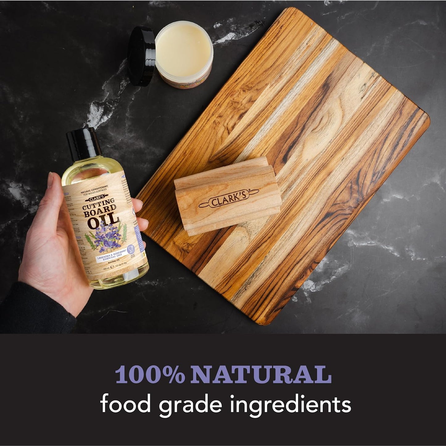 CLARK’S Cutting Board Oil and Wax Kit – Includes Food Grade Mineral Oil (12oz), Finishing Wax (6oz), Applicator, & Buffing Pad to Clean and Protect Wood, Enriched with Natural Lemon & Orange Extract