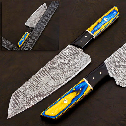 Damascus Steel Bunka Chef Knife, 13 Inch, Blue & Yellow Pakkawood Handle, Forged, with Leather Sheath